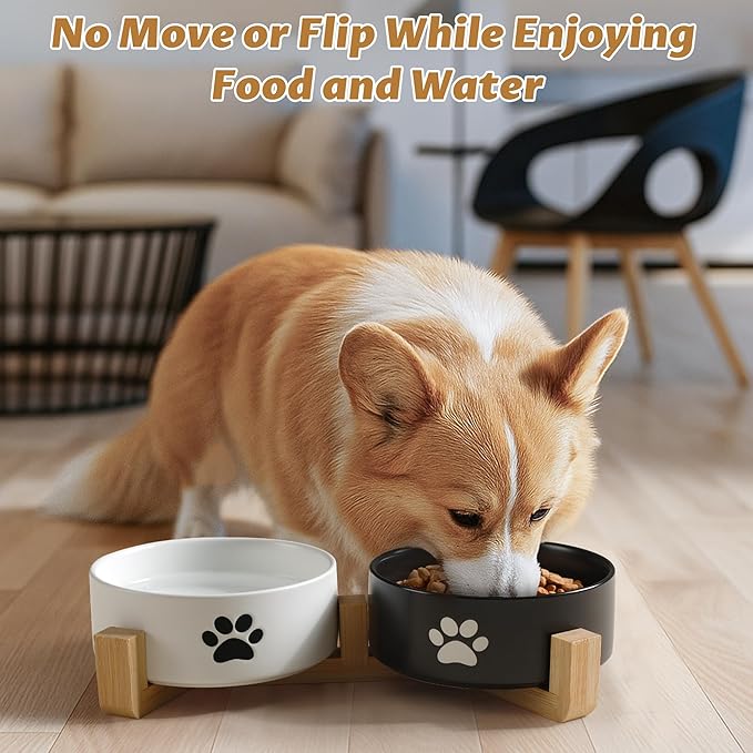 Dog Bowls, Non Slip Heavy Ceramic Dog Food and Water Bowl, Pet Feeding Bowl for Cats, Puppies and Small Dogs (2 Bowls+ 1 Stand-Black and White, 5.1 Inches)