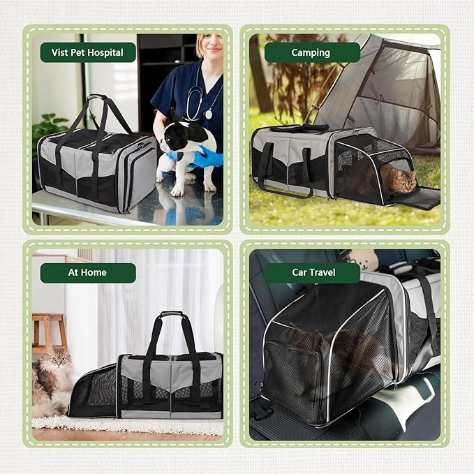 Expandable Cat Carrier for 2 Cats, Double Compartment Large Pet Carrier for Long Distance Car Travel, Includes 2 Portable Litter Boxes, Foldable Multi-Cat Travel for Road Trips & Camping, Gray