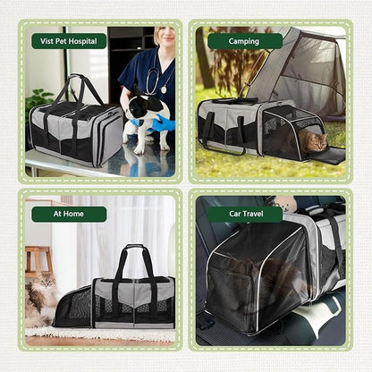 Expandable Cat Carrier for 2 Cats, Double Compartment Large Pet Carrier for Long Distance Car Travel, Includes 2 Portable Litter Boxes, Foldable Multi-Cat Travel for Road Trips & Camping, Gray