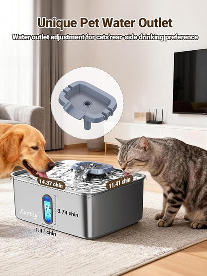 Kastty 3.96 Gal Dog Water Fountain for Large Dogs,15L Stainless Steel Large Pet Water Fountain, Ultra Quiet Automatic Dog Water Bowl Dispenser with Water Level Window and LED Light(FS78,Grey