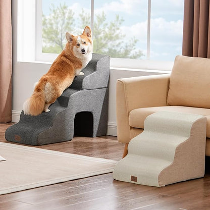 Joydeco Dog Stairs for Bed 17.1" H, 3-Step Pet Steps for Small Dogs and Cats, Dog Steps for High Bed, Non-Slip Balanced Ramp Indoor Pet Stairs, Beige