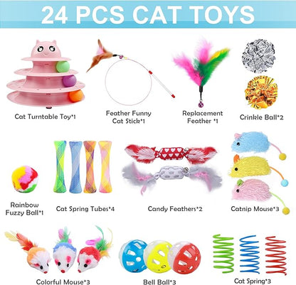 UPSKY 24 PCS Cat Toys, 3-Level Turntable Kitten Toys Set, Interactive Cat Roller Toys for Indoor Cats, Catnip Toys, Cat Teaser Toys, Mice Toys, Spring Toys, Various Ball Toys for Kitty