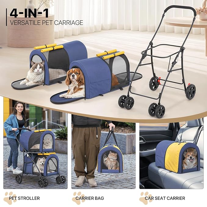 MoNiBloom Double Dog Stroller with Detachable Carrier Bags Large 4 Wheels Foldable Jogger for Small and Medium Dog Cats, Navy Blue/Yellow