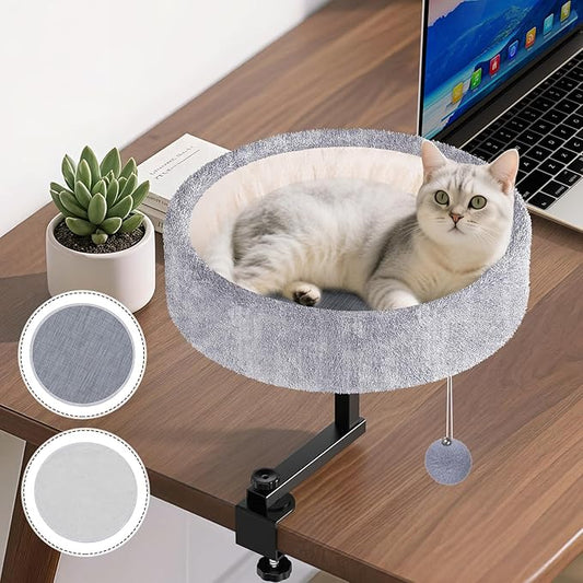 Cat Desk Bed - 360° Rotating & Adjustable, Supports 50 lbs, Soft Faux Fur with Dual-Sided Reversible Mat, Modern Indoor Cat Nest Furniture for Office Desks and Game Tables, Island Table