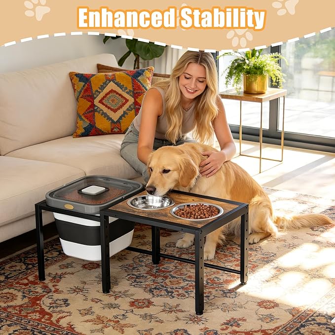 Elevated Dog Bowls with Storage Container ，Raised Dog Bowls for Large Dogs，15-18 lb Airtight Dog Food Storage Container, Adjustable Height Feeding Station