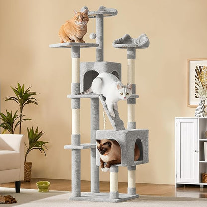 Yaheetech XL Cat Tree, 72in Multi-Level Cat Tower with 2 Cozy Caves, 3 Soft Perches, Scratching Posts, Board, and Dangling Ball, Pet Furniture Play House for Kittens/Cats, Light Gray