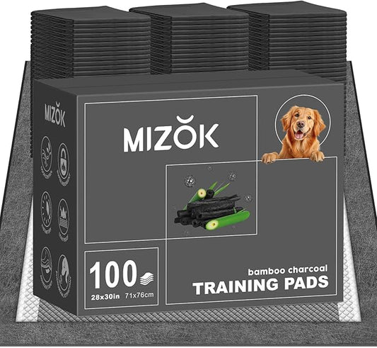 MIZOK 100 Counts Pee Pads for Dogs Charcoal, 28"x30" Large Wee Wee Pads for Dogs, Superior Odor Protection, Super Absorbent & Leak-Proof, Puppy Pads with Adhesive Tabs, Thick & Heavy