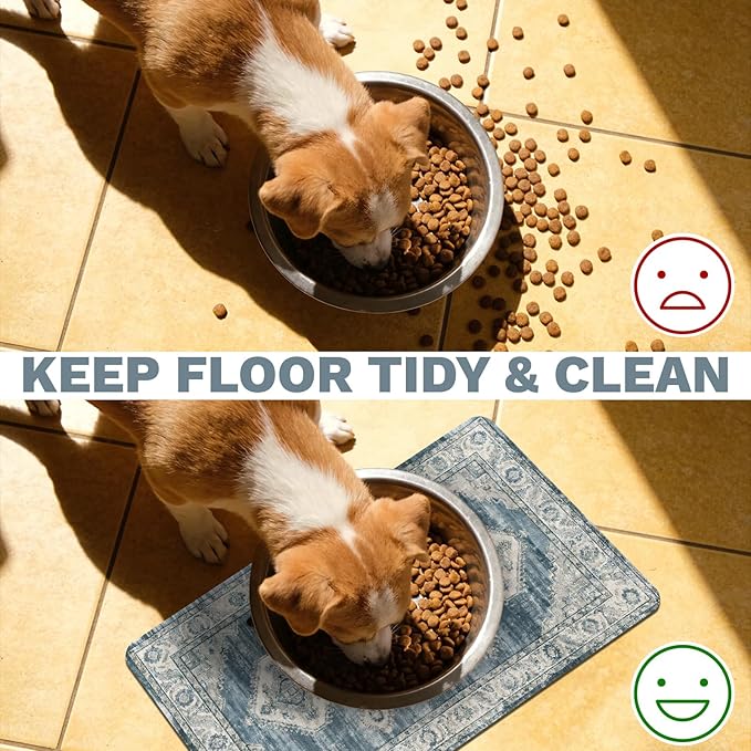 Pet Dog Cat Food Mat, Non Slip Bowl Mats for Food and Water, Absorbent Boho Dogs Cat Feeding Mat Puppy Pet Placemats for Floors Indoor Pets Accessories Supplies 16 * 24 inch, Retro Blue