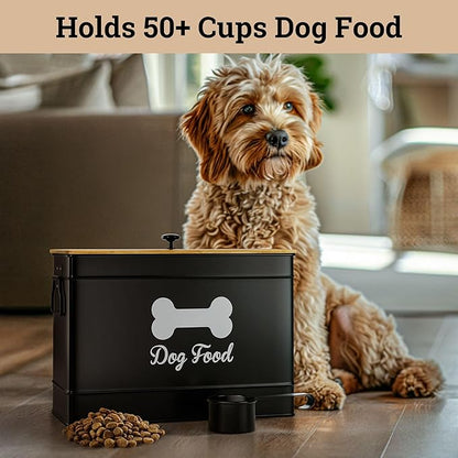 Dog Food Container Airtight 15 lb (50 Cup) Capacity with Metal Scoop - Cute Airtight Dog Food Storage Container with Bamboo Lid - Black Metal Kibble Storage Bin for Dogs up to 100 lbs - Big Pet Jar