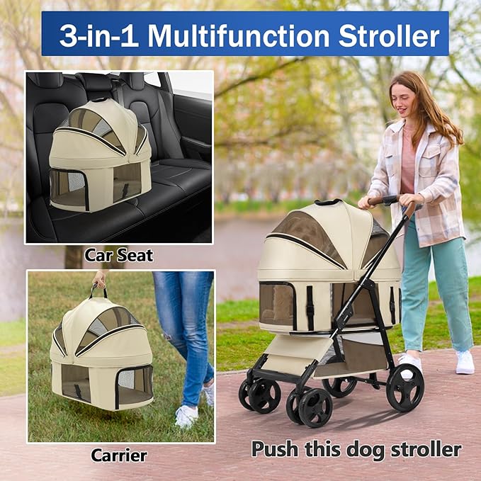 4 Wheels Pet Stroller for Small/Medium Dogs and Cats,Dog Stroller with Detachable Carrier and Storage Basket,One Click Folding, Compact Portable,Up to 50lbs,3 in1 Multifunctional(Khaki)