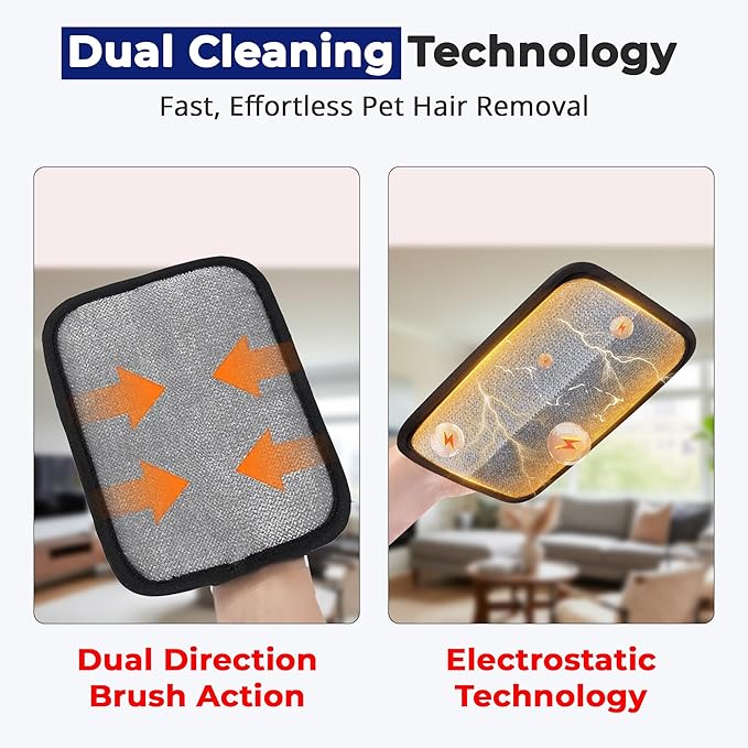 electrostatic pet Hair Removal Glove, Reusable the Magic Brush pet Hair Remover, 2-Piece pet Glove Set for Furniture, Clothing, Car Seats, Reusable 2-in-1 Design, 1 Pack (2)