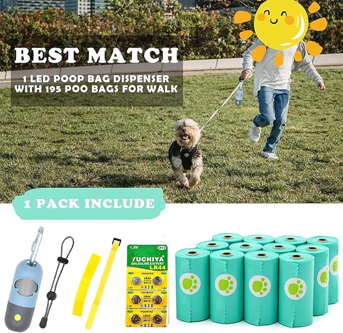 Dog Poop Bags Holder with LED Flashlight|Pet Waste Bags Dispenser for Leash|Doggie Potty Bags Container with Leak-proof Pet Trash Bags and Accessories (1 Holder 195 Bags, Sky Blue)