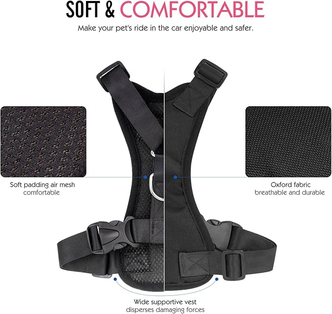 Pawaboo Adjustable Dog Seat Belt for Vehicle, Breathable Dog Safety Vest Harness with Seatbelt for Small Medium Large Dogs, L, Black + Silver