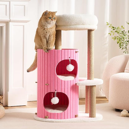 Modern Cat Tree for Indoor Cats Large Adult, 36in H Cat Tree Tower with Scratching Posts, Cozy Cat Bed Cave, Washable Cushions, Dangling Balls, Play&Nap Cat House Condo for All Breeds, Pink