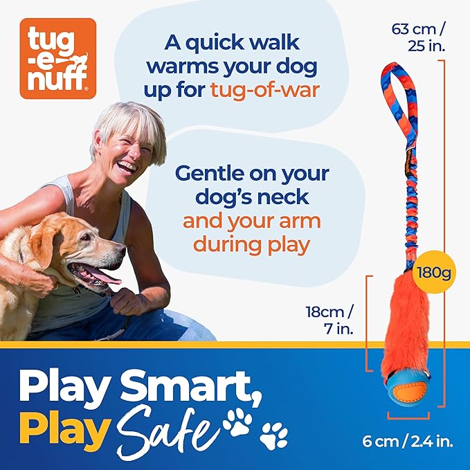 Tug-E-Nuff Fauxtastic PowerBall Bungee, Durable, Faux-Fur Fetch & Tug of War Dog Toy with Rubber Ball, Interactive Dog Tug Toys for Training Small, Medium, Large Dogs, 25 in, Orange Pattern