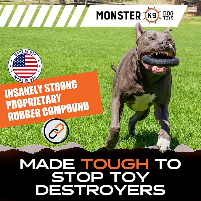 Monster K9 Indestructible Ring Dog Toy Durable for Aggressive Chewers - Safe, Non-Toxic Natural Rubber - Chew, Tug & Fetch - Tough, Heavy Duty - USA Made - Solid-Core, 6.5"x1.5"