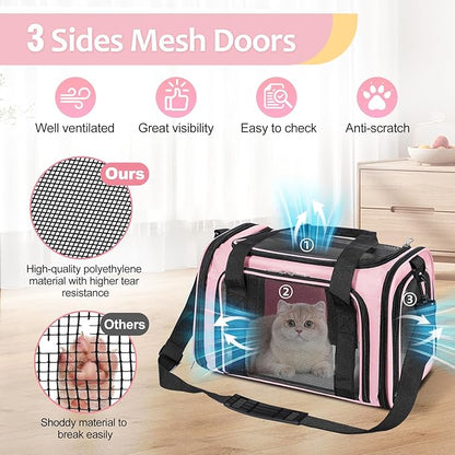 Discala Cat Dog Carrier Up to 15 Lbs TSA Airline Approved Pet Carrier for Small Medium Cats Puppies Dog Carriers for Small Dogs Collapsible Soft Sided Cat Travel Carrier - Pink 15.7"x10.2"x10.2"