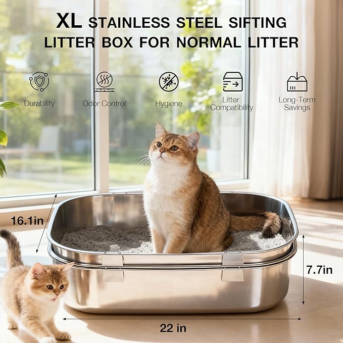 Triple Pan Stainless Steel Sifting Cat Litter Box, Large High Sided Metal Litter Box for Big Cats up to 20lbs, Odor-Free Non-Stick Easy Clean System, No Scooping Sifter Tray for Multi-Cat Homes