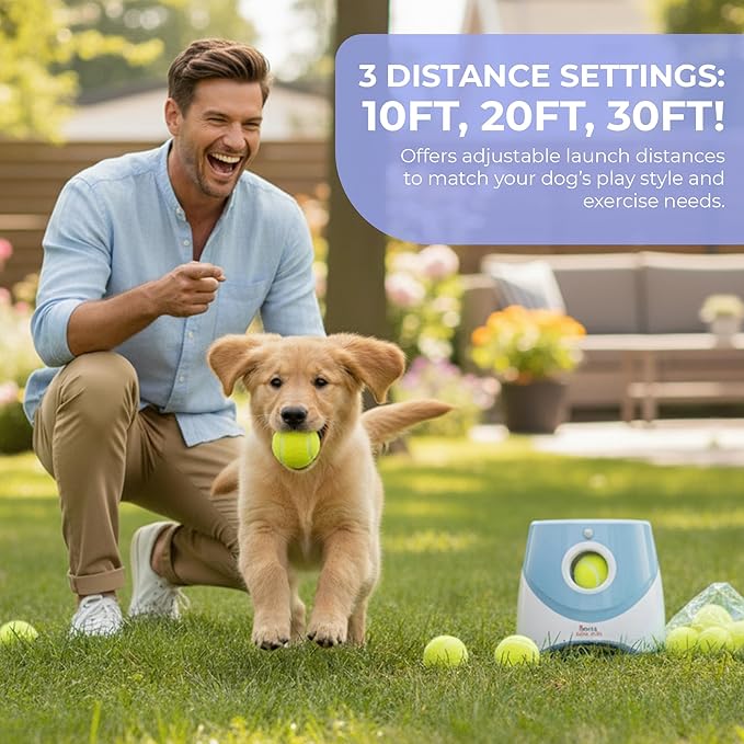 Automatic Ball Launcher for Dogs with 10 Tennis Balls (2 inch), Dog Ball Launcher with 3 Range Modes (10/20/30ft), Rechargeable Dog Balls Thrower for Small-Medium Dogs,Indoor/Outdoor Pet Fetch Machine