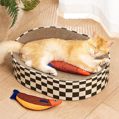 Cat Scratcher Bed,2 in 1 Oval Cat Scratching Board for Indoor,Scratch Pad Corrugated Cardboard Lounge Bowl Nest Couch Sofas for Kitty Play&Rest,Holiday Birthday Gift with Kittens Toy Fish