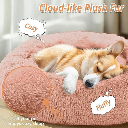 JOLLYVOGUE Calming Dog Bed Medium Size Dog, 31in Donut Washable Medium Pet Bed, Anti-Slip & Anti-Anxiety Fluffy Faux Fur Round Dogs Bed, Fits up to 45 lbs Pets (Peach Pink)