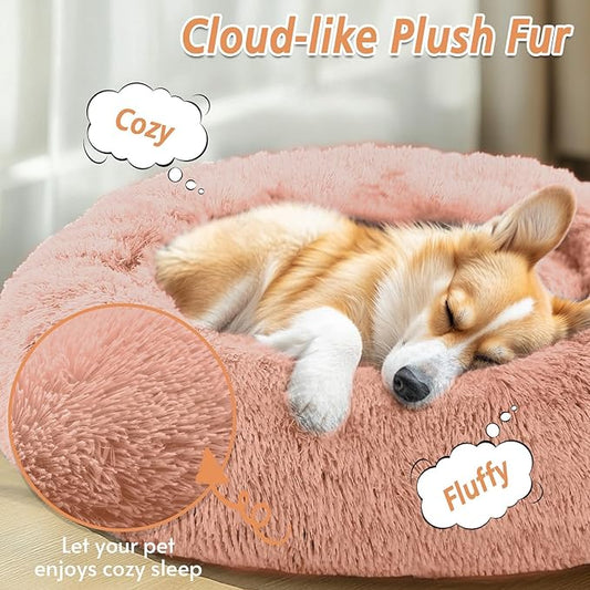 JOLLYVOGUE Calming Dog Bed Medium Size Dog, 31in Donut Washable Medium Pet Bed, Anti-Slip & Anti-Anxiety Fluffy Faux Fur Round Dogs Bed, Fits up to 45 lbs Pets (Peach Pink)