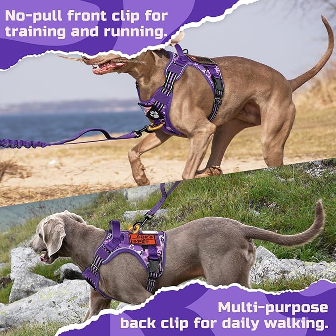rabbitgoo Tactical Dog Harness for Large Dogs, No Pull Military Service Vest with Handle & Molle, Easy Control for Training Walking, Adjustable Reflective Straps, Purple Camo, L