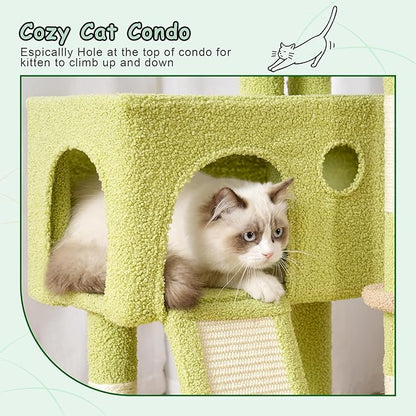 Cat Tree, 41.3" Cat Tower for Indoor Kittens with Scratching Board and Posts, Multi-Level Cozy Cat Condo with 2 Perches, Hammock, Balls, Green and Yellow GCT005SGY