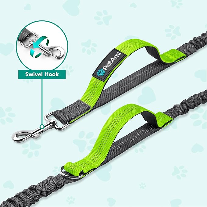 PetAmi Hands-Free Dog Leash for Walking, Running & Hiking, Heavy Duty Bungee Waist Leash with Dual Padded Handles, Adjustable Reflective Belt for Small, Medium & Large Dogs up to 150 lbs, Green