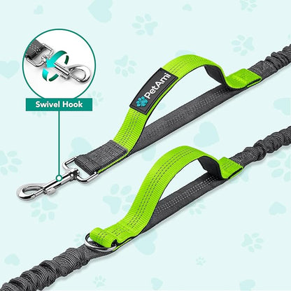 PetAmi Hands-Free Dog Leash for Walking, Running & Hiking, Heavy Duty Bungee Waist Leash with Dual Padded Handles, Adjustable Reflective Belt for Small, Medium & Large Dogs up to 150 lbs, Green