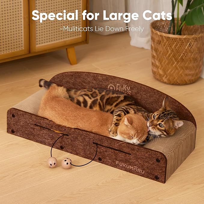 FUKUMARU 26 Inch Cat Scratcher Bed, 2 Reversible Cardboard Cat Scratch Pads Refill for Indoor Cats, Durable Large Cats Scratching Bed Sofa Couch Lounger with Fun Toys, Furniture Protector, Caramel