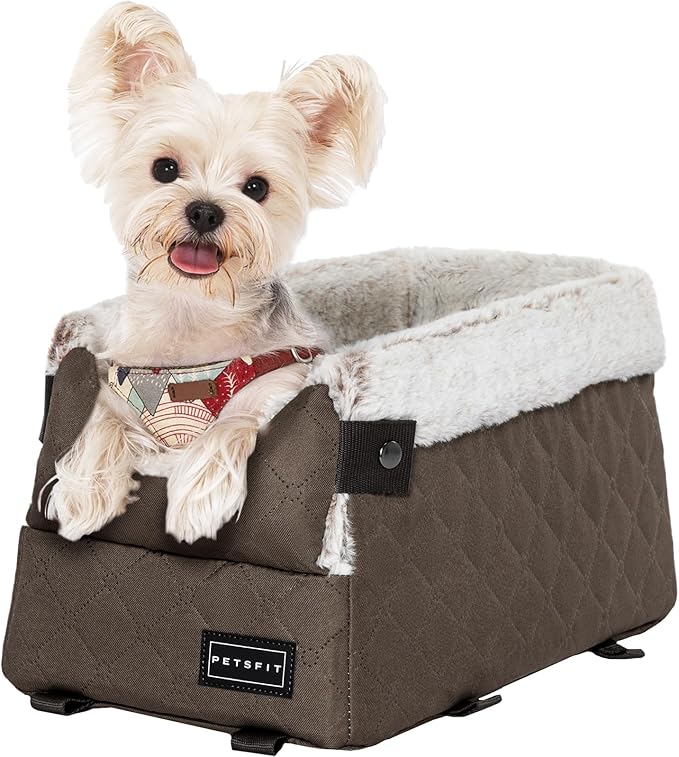 PETSFIT Center Console Dog Car Seat with Safe Protection Hooks, Pet Car Seat with Upgraded Safety Tethers, Washable Cushion, Console Dog Car Seats for Small Dogs (Coffee)