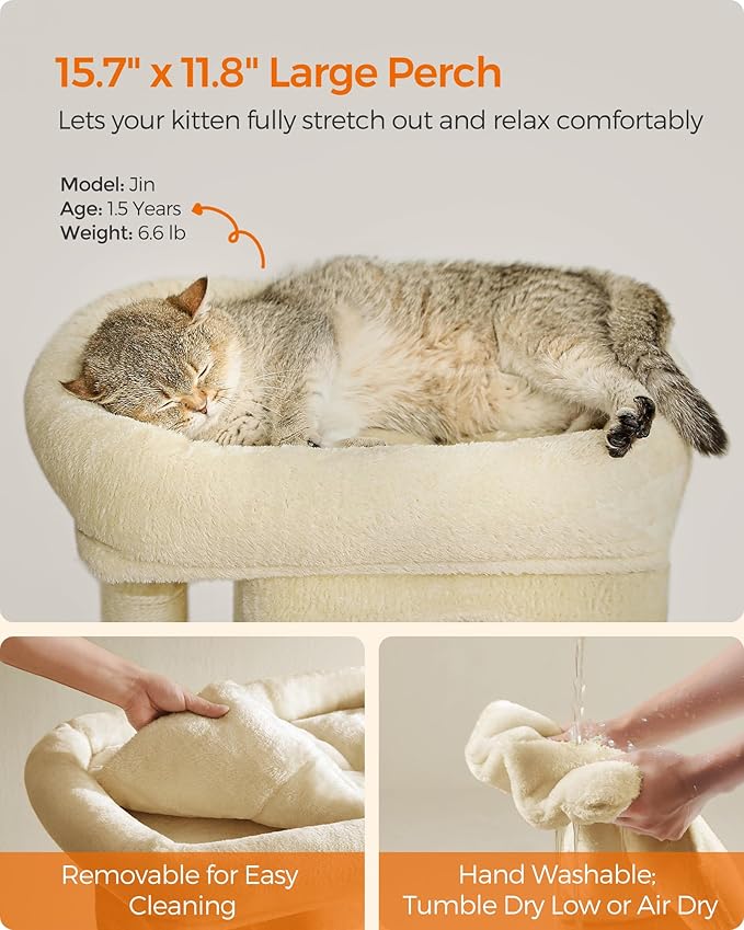 Feandrea Cat Tree, 26.4-Inch Cat Tower, Plush Condo for Kittens up to 7 lb, Large Perch, 2 Caves, Scratching Post, Beige UPCT611M01
