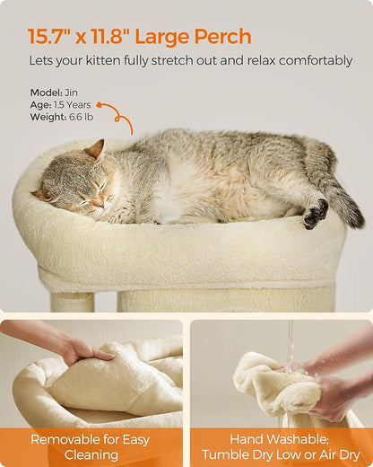 Feandrea Cat Tree, 26.4-Inch Cat Tower, Plush Condo for Kittens up to 7 lb, Large Perch, 2 Caves, Scratching Post, Beige UPCT611M01
