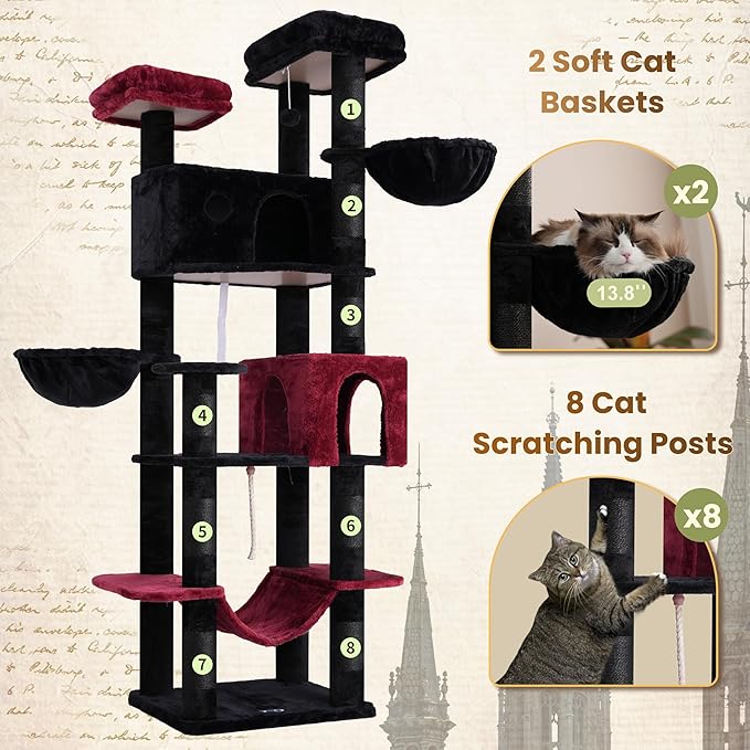 Tall Cat Tree, Large Cat Tower for Adult Cats, 80.7'' (205cm) Heavy-Duty Cat Tree House for Indoor Cats 20 lbs+ with Scratching Posts, 2 Top Perches/Condos, Hammcok, Black(Gothic) GCT034BR
