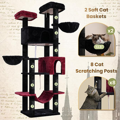 Tall Cat Tree, Large Cat Tower for Adult Cats, 80.7'' (205cm) Heavy-Duty Cat Tree House for Indoor Cats 20 lbs+ with Scratching Posts, 2 Top Perches/Condos, Hammcok, Black(Gothic) GCT034BR