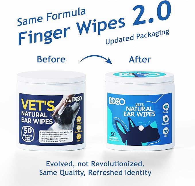 DOCO Dog Ear Cleaning Wipes (50 Count) | Finger Ear Wipes for Dogs & Cats with Eucalyptus, Chamomile & Aloe | Gently Clean, Itchy Ears, Soothes & Deodorizes