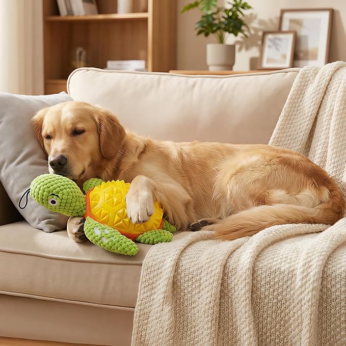 A Durable Dog Toy with Squeaker, Cute Turtle Design with Bright Color, Good for Both Chewing and Playing, 9.4 inches Design is Suitable for Medium and Large Dogs
