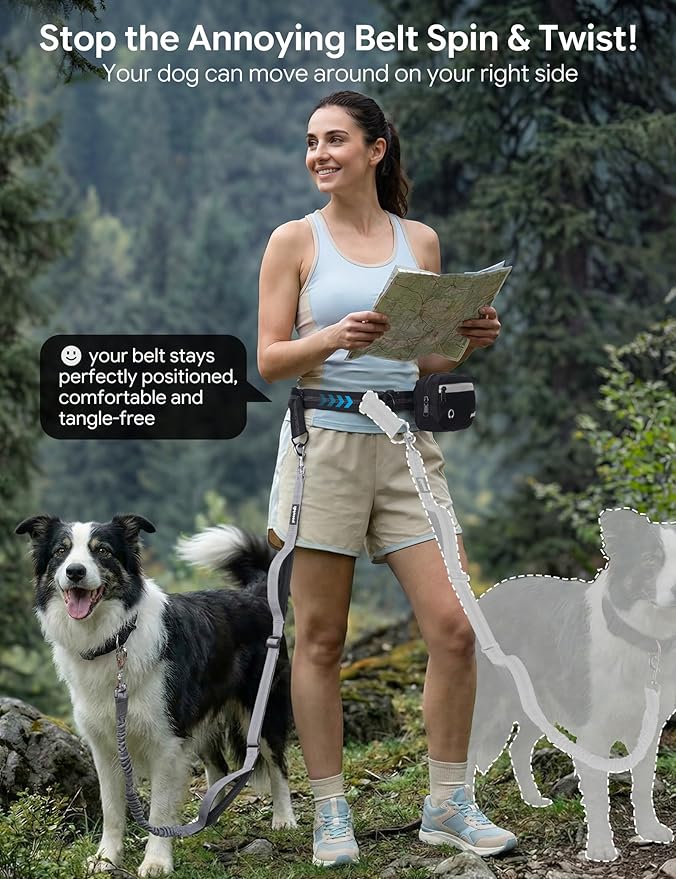 Dog Leash Hands Free, Walking Waist Belt with Pouch Removable & Multifunctional|Shock Absorbing Bungee| Thickened Lumbar pad & Comfortable Dual Handles|Dog Running and Training,for 33-120lbs Dogs