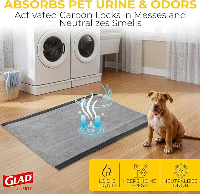 Glad for Pets Extra Large Charcoal Dog Training Pads, Absorbent Leak Proof Pee Pads for Dogs and Puppies, Odor Control Potty Pads with Activated Carbon, 28 x 30 Inches, 50 Count - 4 Pack