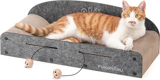 FUKUMARU 26 Inch Large Cat Scratcher Bed, 2 Reversible Cardboard Cat Scratch Pads Refill for Indoor Cats, Durable Cats Scratching Bed Sofa Couch Lounger with Fun Toys, Furniture Protector, Grey