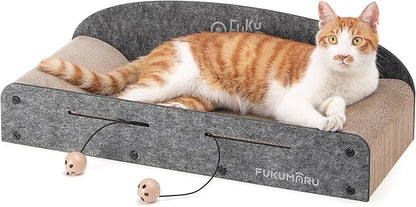 FUKUMARU 26 Inch Large Cat Scratcher Bed, 2 Reversible Cardboard Cat Scratch Pads Refill for Indoor Cats, Durable Cats Scratching Bed Sofa Couch Lounger with Fun Toys, Furniture Protector, Grey