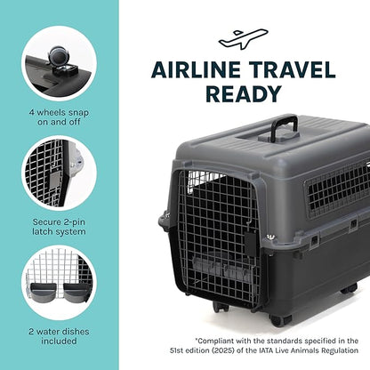 SportPet Airline Compliant MEDIUM 24.25" Travel Dog Kennel-Durable Plastic Airline Pet Carrier w/ Removable Wheels & Food Bowls, Collapsible Indoor/Outdoor Dog Kennel, Dogs up to 23"L & 15"H-Dark Gray