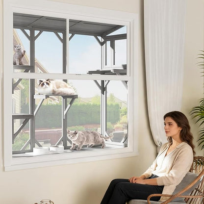 Large Catio Cat Window Box, Outdoor Cats Window Perchfor Indoor Cats with 4 Jump Platforms & 4 Doors, Comfortable Wooden Pet Perch House, Ultra-Fine Mesh Insect-Proof Screens, All-Weather Use