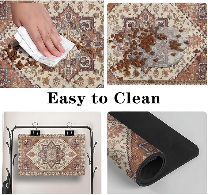 Dog Food Mats for Floors, Absorbent and Quick-Drying Pet Cat Food Mat,Anti-Fouling and Easy-to-Clean Pet Feeding Mat,Dog Bowl Mat for Messy Drinking Water Bowls.17 x32, Bohemia Style
