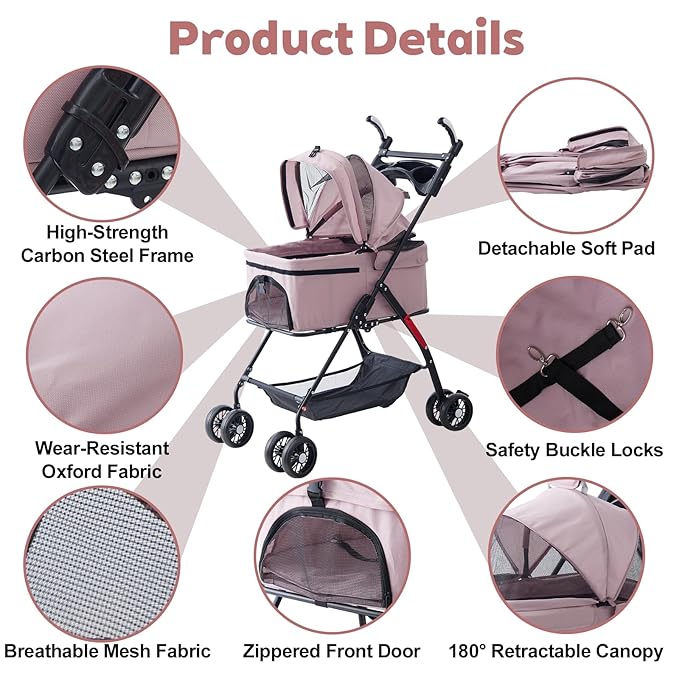 4 Wheels Pink Foldable Pet Stroller with Storage Basket, Cup Holder & Breathable Mesh for Small/Medium Dogs and Cats