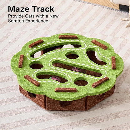Cat Puzzle Toy with 3 Track Balls, Flower-Shaped Play Box for Indoor Kittens Interactive Treat Feeding, Fun Maze Game for Indoor Cats Boredom Relief & Exercise (White/Camel)