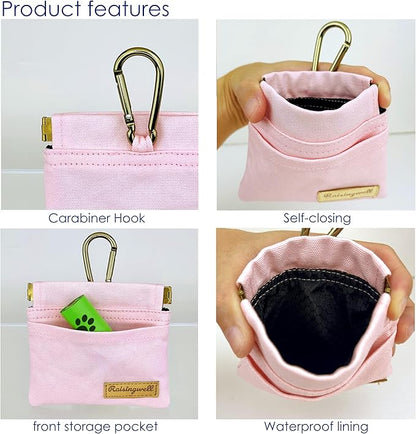 Raisingwell Pocket Sized Pet Training Pouch, Cotton Fabric, Hand Free Dog Walking Bag with Carabiner Self-Closing Pet Feed Snack Reward for Puppy Travel or Outdoor Use (PINK)