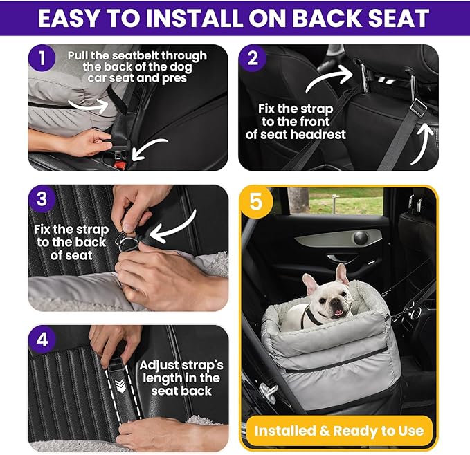 BurgeonNest Dog Car Seat for Small Dogs up to 25 lbs - Washable Pet Booster Seat with Safety Leash & Storage Pockets, Grey