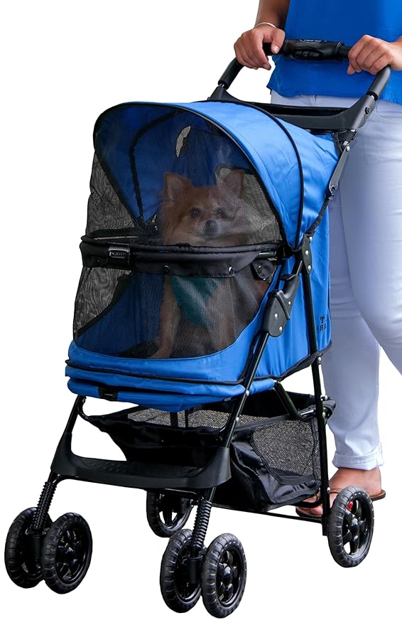Pet Gear No-Zip Happy Trails Pet Stroller for Cats/Dogs, Zipperless Entry, Easy Fold with Removable Liner, Storage Basket + Cup Holder, Cobalt
